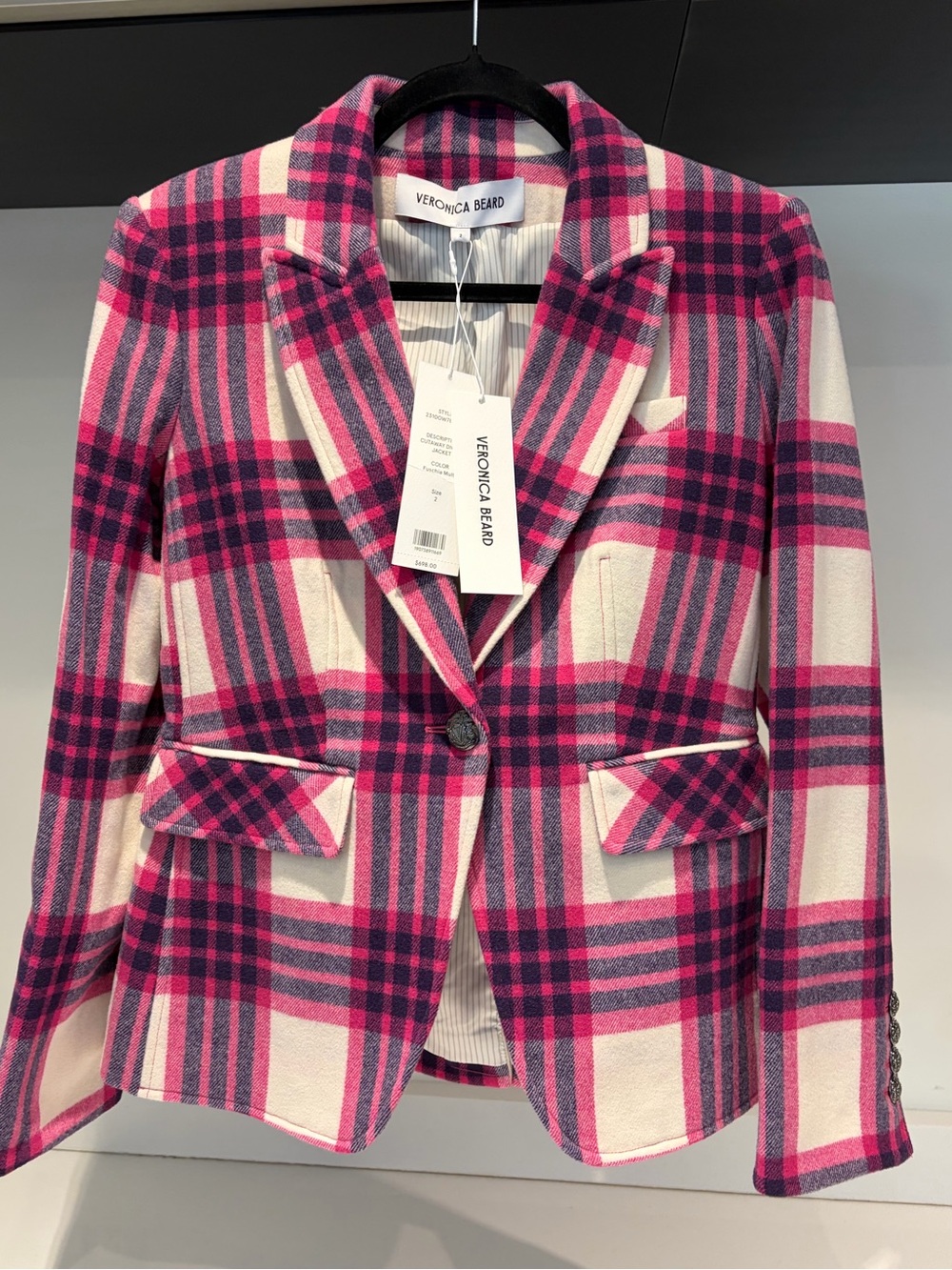 NWT $698 Veronica Beard Plaid Cut-Away Dickey Jacket Fuchsia Multi Size 12
